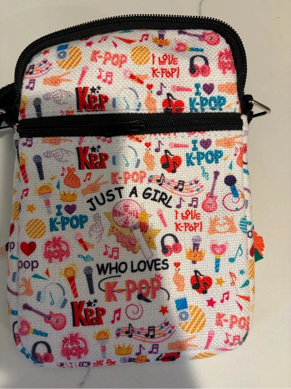 K-Pop Themed Crossbody Bag in White with Multicolor Prints